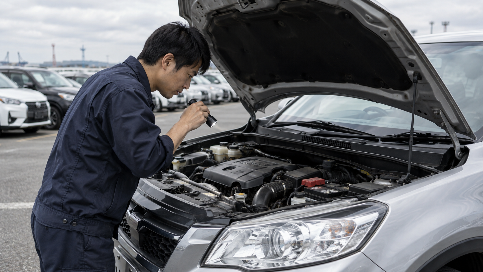 Pre-bid vehicle checks: an inspector examining a used car’s engine bay in Japan